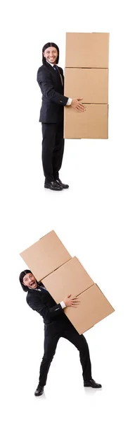 Hombre divertido con cajas en blanco —  Fotos de Stock