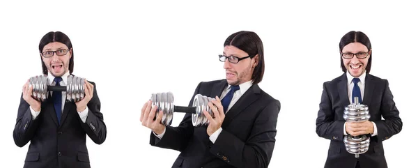 Young businessman holding barbell isolated on white — Stock Photo, Image