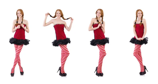 Redhead girl in red dress and stockings on white — Stock Photo, Image