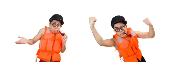 Hombre divertido con chaleco de seguridad naranja — Foto de Stock