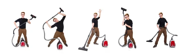 Funny man with vacuum cleaner on white — Stock Photo, Image