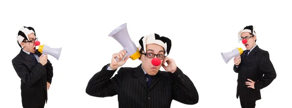 Businessman clown with loudspeaker on white — Stock Photo, Image