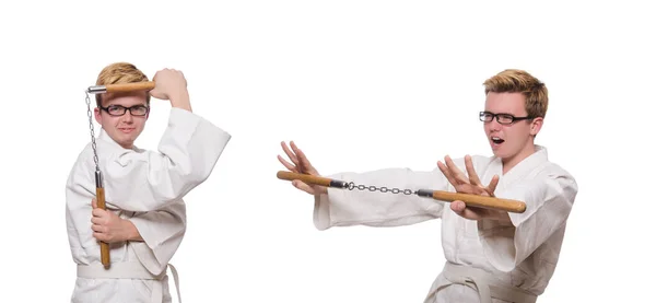 Grappige karate vechter met nunchucks op wit — Stockfoto