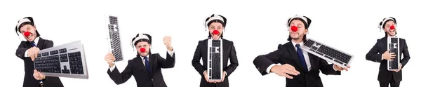 Grappige clown met toetsenbord geïsoleerd op wit — Stockfoto