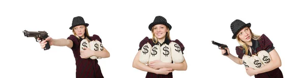Para çuval beyaz kadınla — Stok fotoğraf