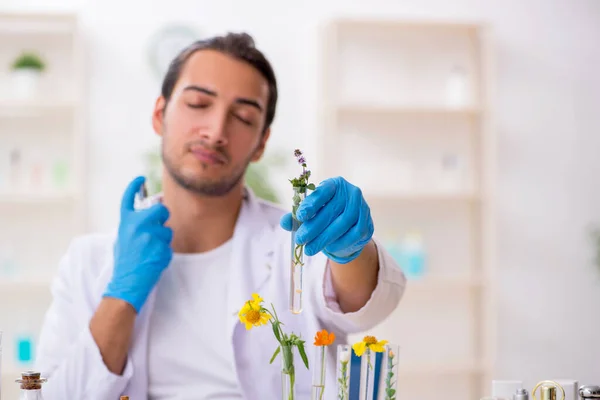 Ung manlig kemist i parfymsyntes koncept — Stockfoto