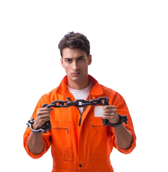 Gevangene met zijn handen geketend geïsoleerd op witte achtergrond — Stockfoto