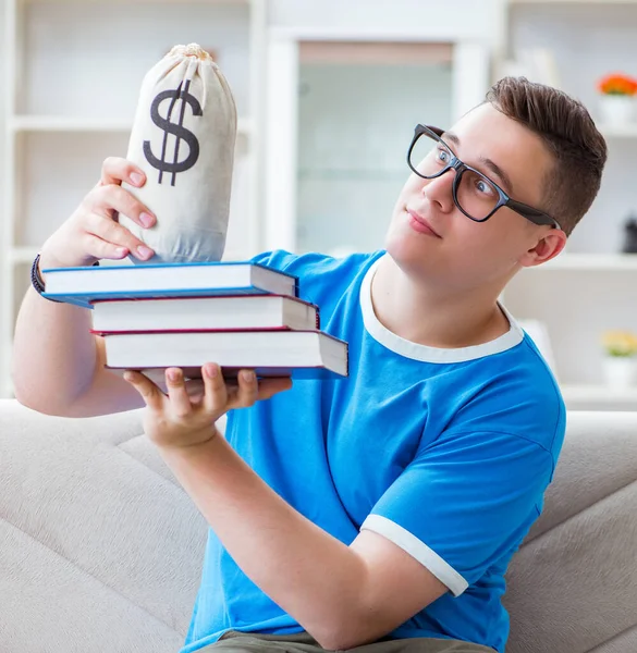 Estudiante joven preparándose para los exámenes que estudian en casa en un sofá — Foto de Stock