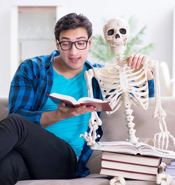 Estudiante estudiando con esqueleto preparándose para los exámenes —  Fotos de Stock