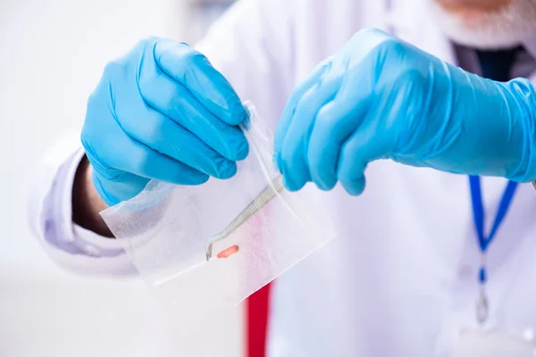 Viejo criminólogo experto trabajando en el laboratorio como evidencia — Foto de Stock