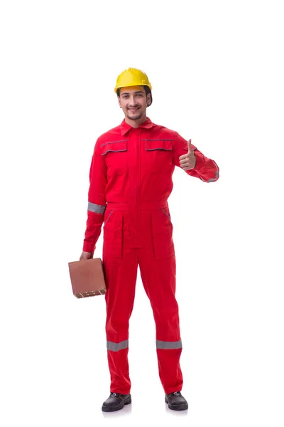 Young male mason with brick isolated on white — Stock Photo, Image