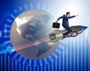 Küresel iş kavramı içinde roket üzerinde işadamı