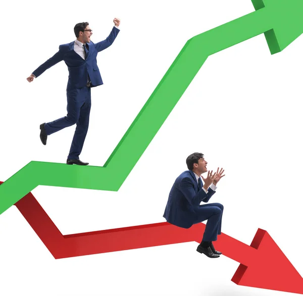 Empresário com gráficos de crescimento e declínio — Fotografia de Stock