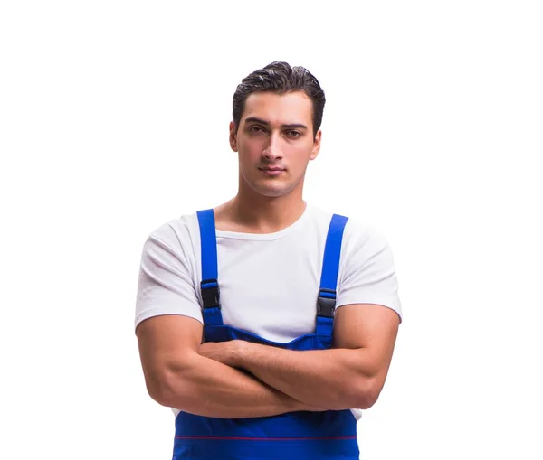 Gutaussehender Reparateur in blauen Overalls auf weißem Grund — Stockfoto