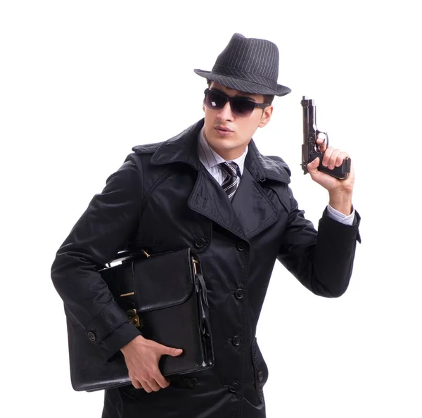 Man spy with handgun isolated on white background — Stock Photo, Image