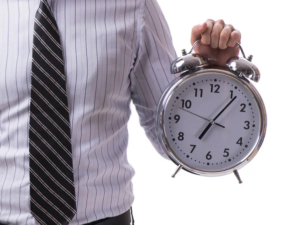 Ung affärsman i time management koncept på vit bakgrund — Stockfoto