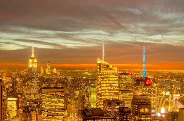 The night view of new york manhattan during sunset