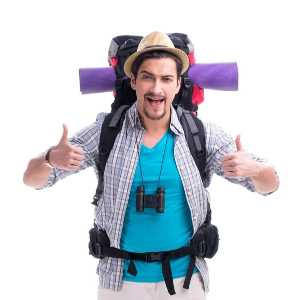 Backpacker mit großem Rucksack isoliert auf weiß — Stockfoto