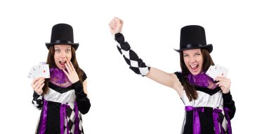 Soytarı kostüm üzerine beyaz izole kart ile güzel kız