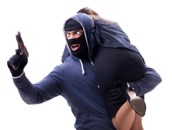 Businesswoman is kidnapped by the gunman — Stock Photo, Image