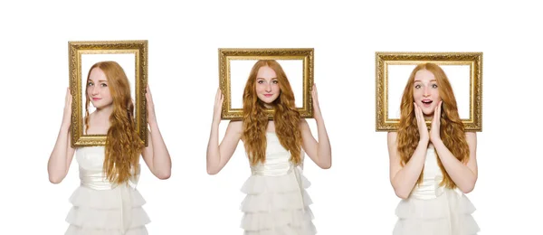 Mulher segurando quadro de imagem isolado no branco — Fotografia de Stock