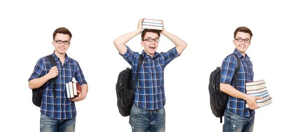 Estudante engraçado com pilha de livros — Fotografia de Stock