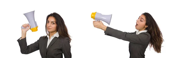 Mujer con altavoz en blanco — Foto de Stock