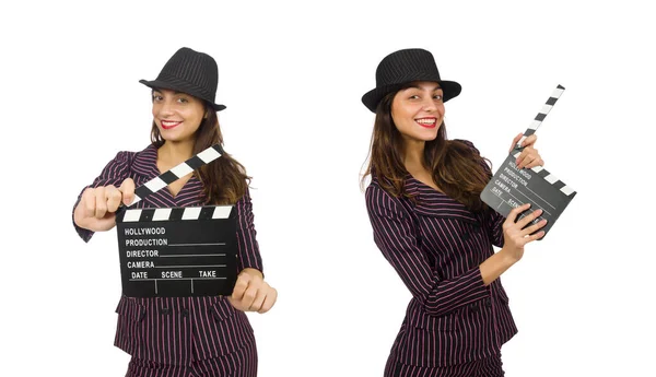 Femme avec film clapboard isolé sur le blanc — Photo