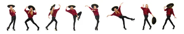Mujer mexicana divertida con sombrero aislado en blanco — Foto de Stock