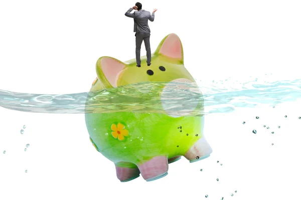 Businessman in debt concept with piggybank — Stock Photo, Image