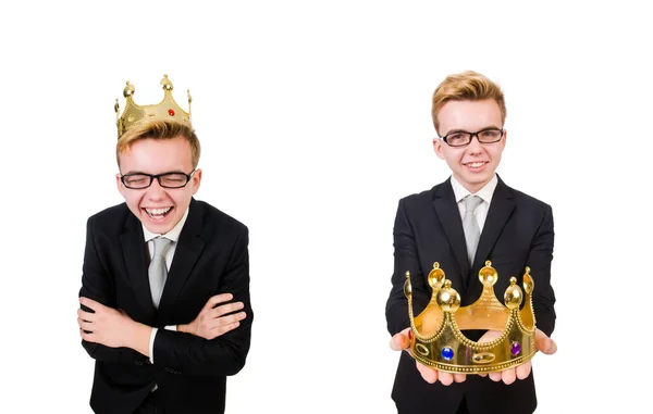 Mladý podnikatel s korunou izolovaných na bílém — Stock fotografie