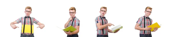 Grappige student met boeken geïsoleerd op wit — Stockfoto