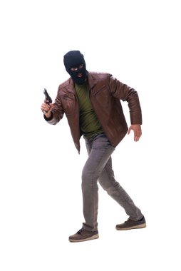 Kar maskesi takan soyguncu beyaz arka planda izole edilmiş.