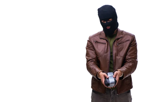 Ladrão vestindo balaclava isolado no fundo branco — Fotografia de Stock