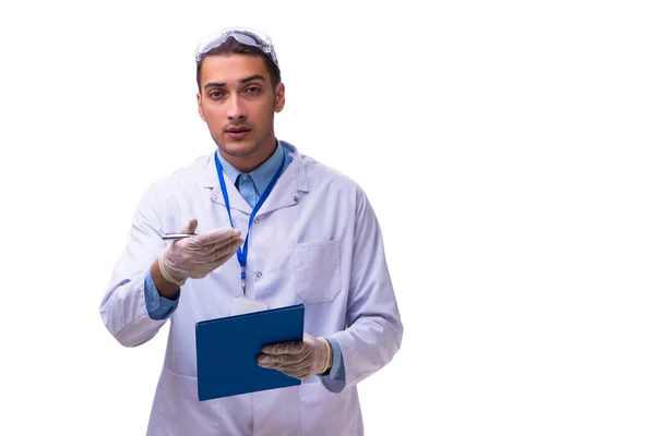 Médico varón joven con notas aisladas en blanco —  Fotos de Stock