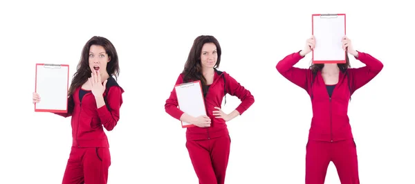 Young woman with notepad on white — Stock Photo, Image