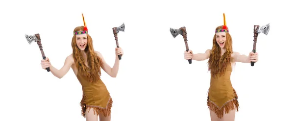 Indian woman with axes on white — Stock Photo, Image