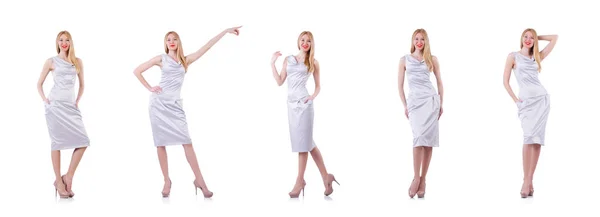 Modelo vestindo roupas elegantes no branco — Fotografia de Stock