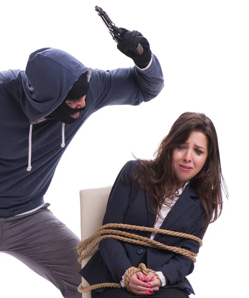 Kidnapper with tied woman isolated on white — Stock Photo, Image