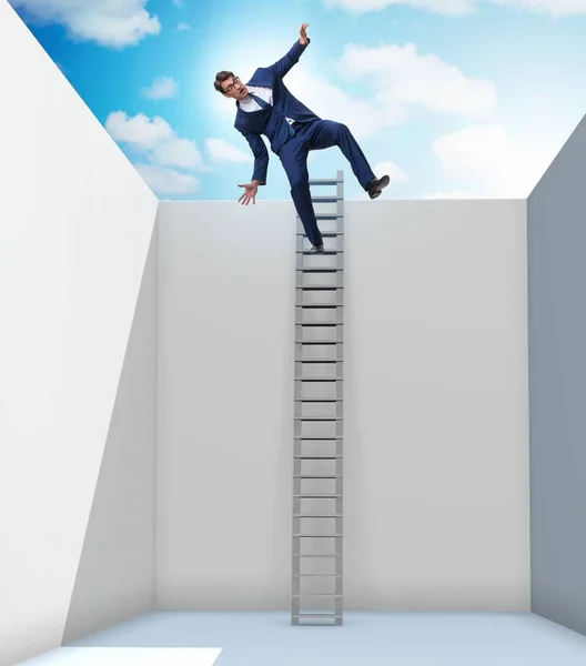 Businessman climbing a ladder to escape from problems — Stock Photo, Image