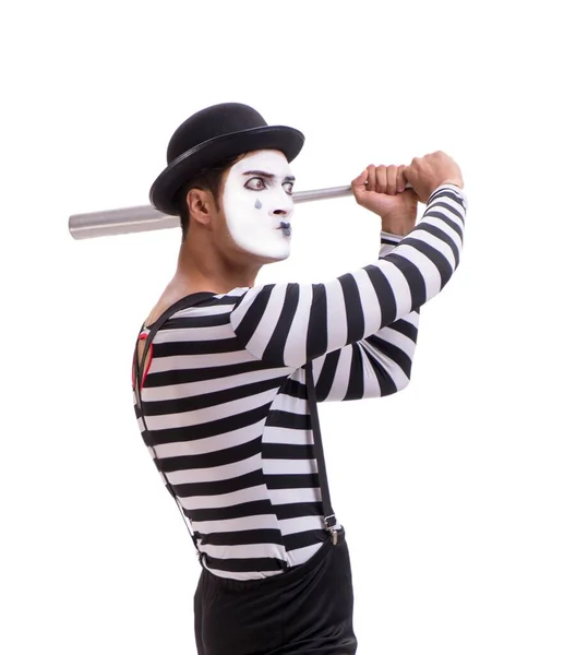 Mime met honkbalknuppel geïsoleerd op wit — Stockfoto