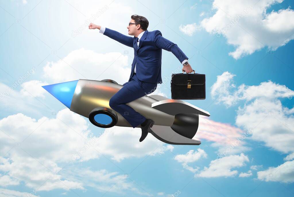 Businessman flying on rocket in business concept