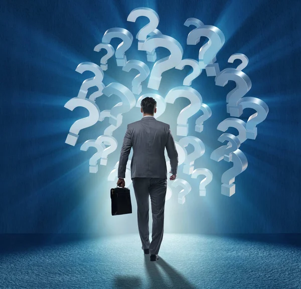 Businessman in uncertainty concept with question marks — Stock Photo, Image