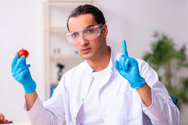 Young male nutrition expert testing food products in lab — Stock Photo, Image