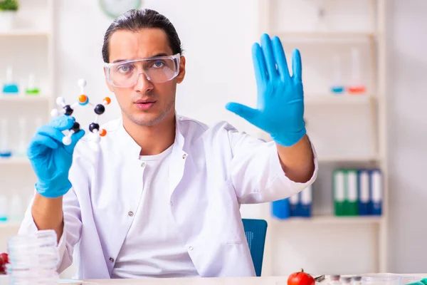 Joven experto en nutrición masculina probando productos alimenticios en laboratorio — Foto de Stock