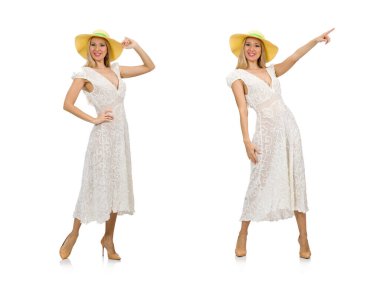 Uzun yaz elbise ve şapka üzerinde beyaz izole kadın