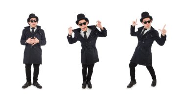 Siyah ceketli genç dedektif, beyazın üzerinde izole edilmiş.