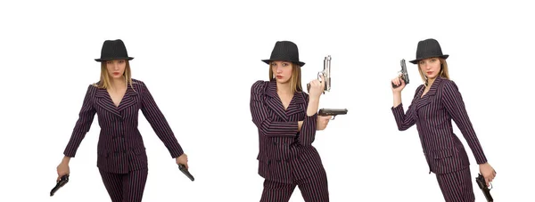Gangster vrouw met pistool geïsoleerd op wit — Stockfoto
