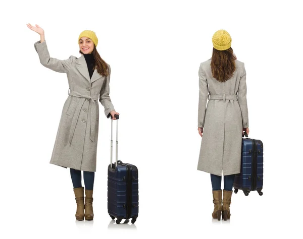 Woman with suitcase ready for winter vacation — Stock Photo, Image