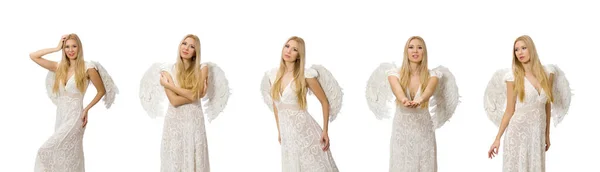 흰 날개를 단 천 사 날개를 가진 여자 — 스톡 사진